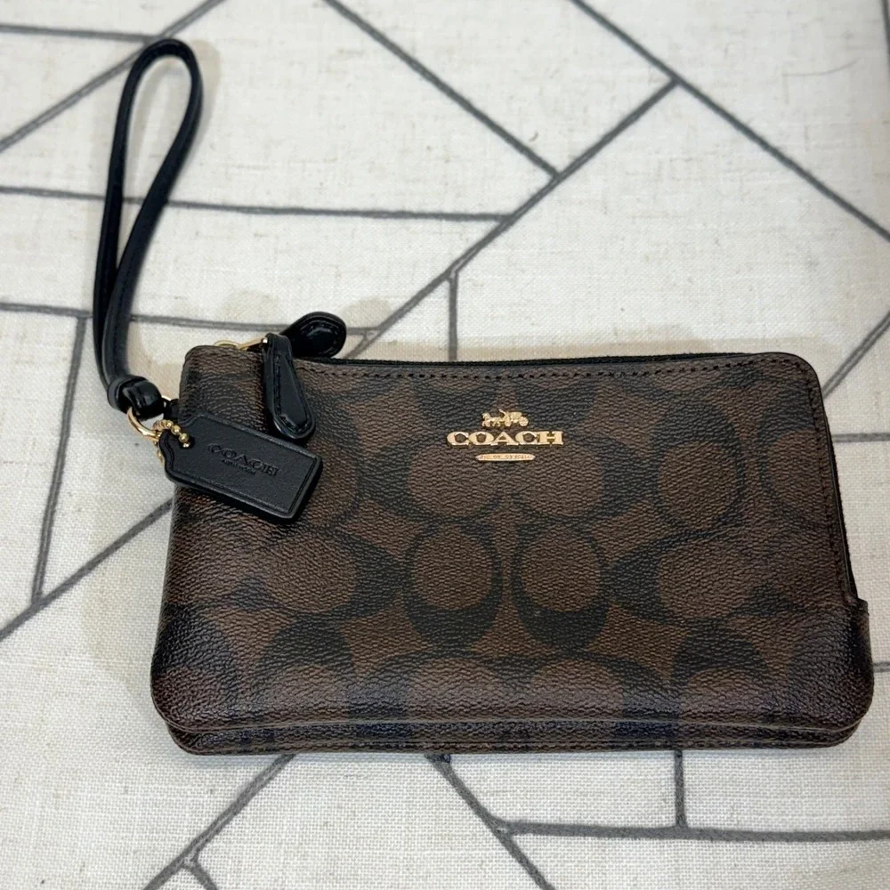 Coach Double Zip Wristlet Small Brown Signature Canvas Monogram Clutch
